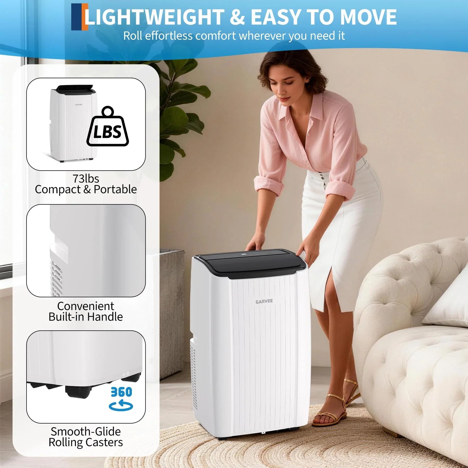 Garvee 14.000 BTU Mobiles Klimagerät, 3-in-1 Klimaanlage mit Entfeuchter & Ventilator, für Räume bis ca. 65 m², Weiß
